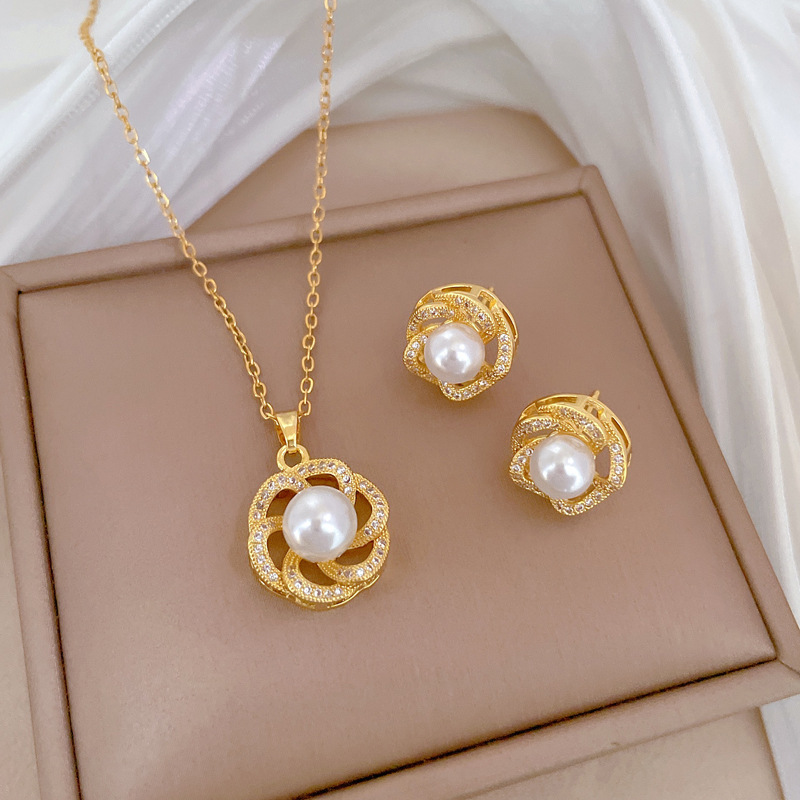 【 Titanium Steel 】 Necklace and Earring set, light Luxury Full diamond rotating pearl, personalized and elegant banquet earrings and necklaces Specification drawing