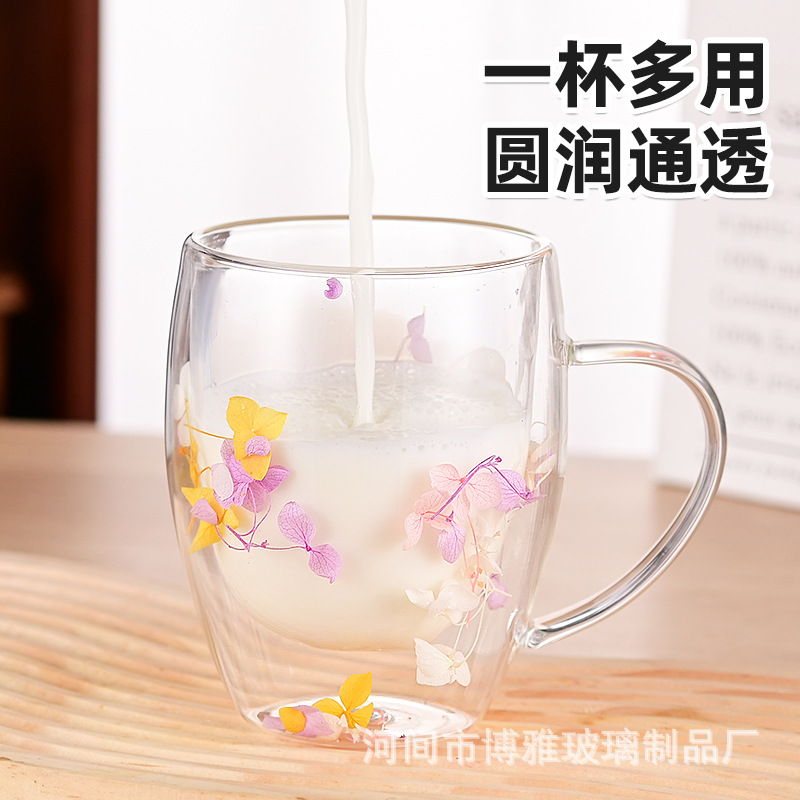 Wholesale of popular double-layered glass cups with real flowers, high appearance level souvenir glass cups, cross-border high borosilicate simple glass cups Application Scenario
