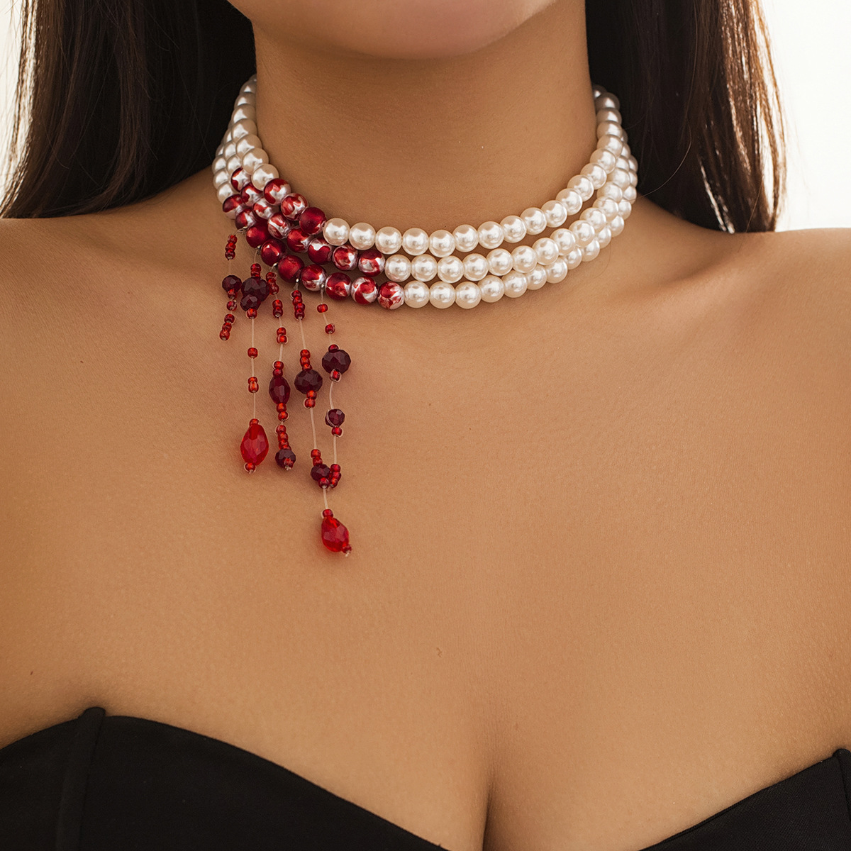 European and American cross-border accessories, sweet and cool Gothic blood-drop tassel collar necklace, Halloween personalized beaded choker Specification drawing