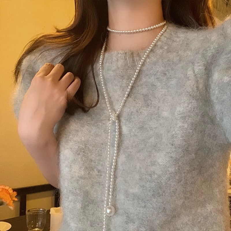 French retro pearl long stackable necklace for women, gentle and unique, versatile neck chain and sweater chain full figure