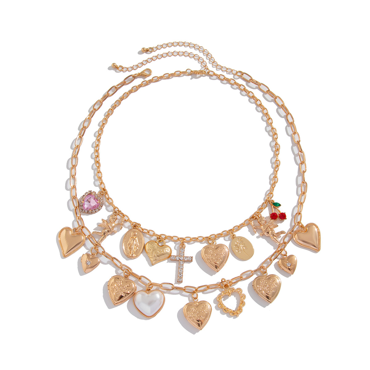 European and American cross-border jewelry, ins heart-shaped element pendant, alloy necklace, layered style, diamond-encrusted cross collarbone chain Item Picture