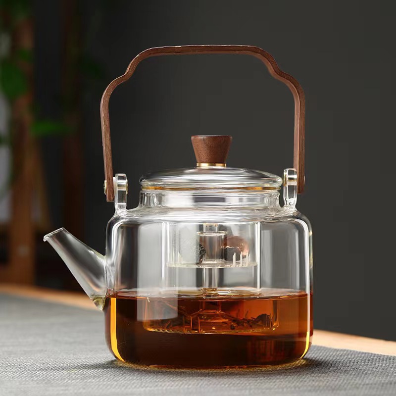 High borosilicate glass teapot, walnut wood, smoky grey handle teapot, double-pot teapot for brewing tea around the stove Specification drawing