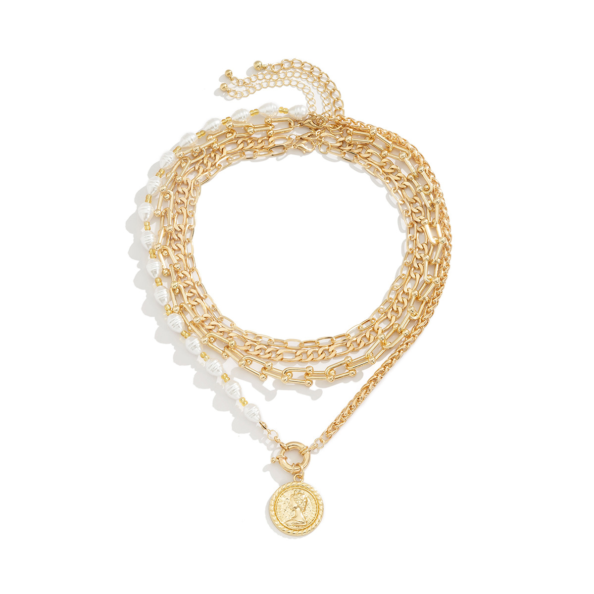European and American cross-border jewelry, retro hollowed-out U-shaped buckle hip-hop necklace, female personality patchwork imitation pearl figure necklace Item Picture