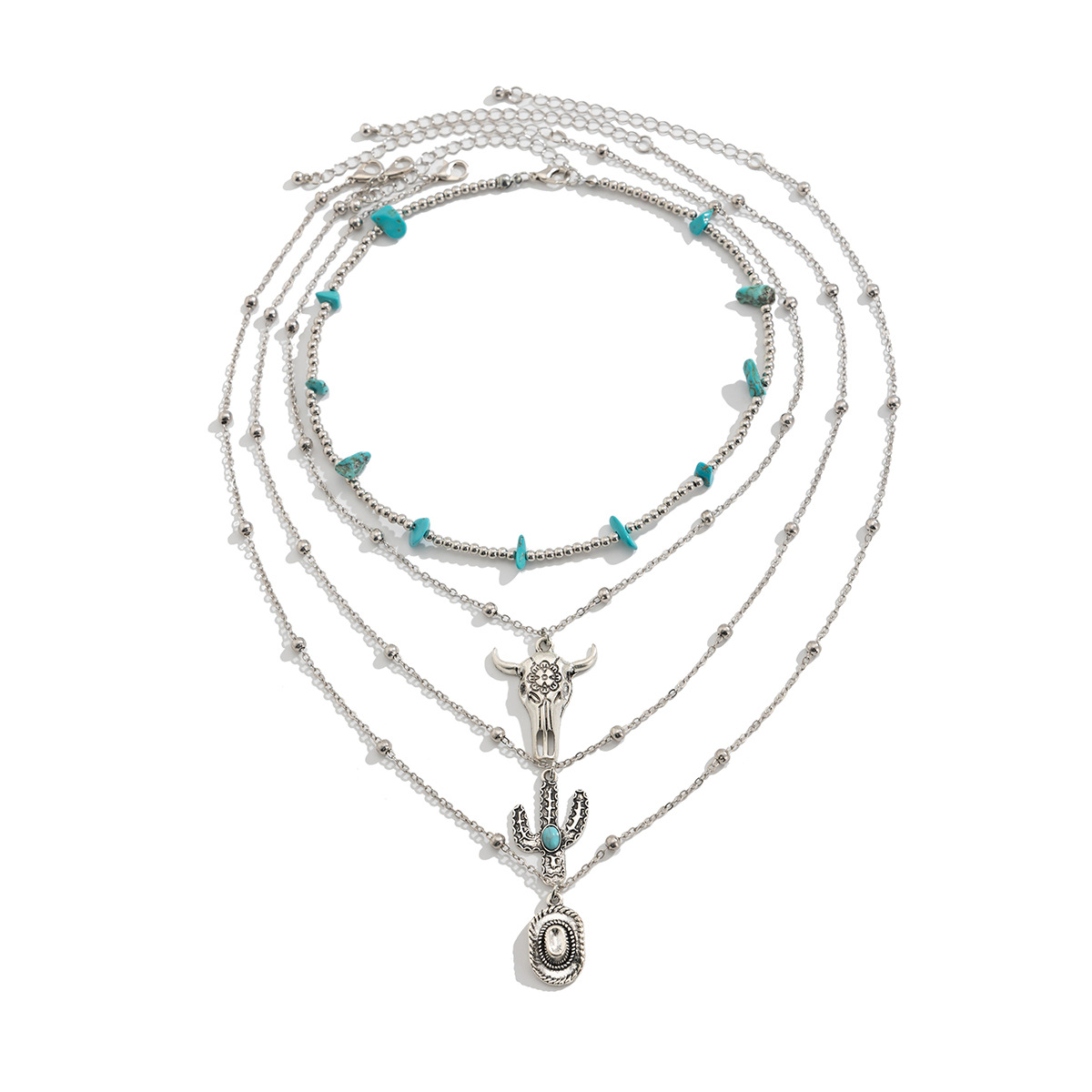 European and American cross-border jewelry, ethnic style Suzhou alloy pendant collarbone chain, retro turquoise layered beaded necklace Item Picture
