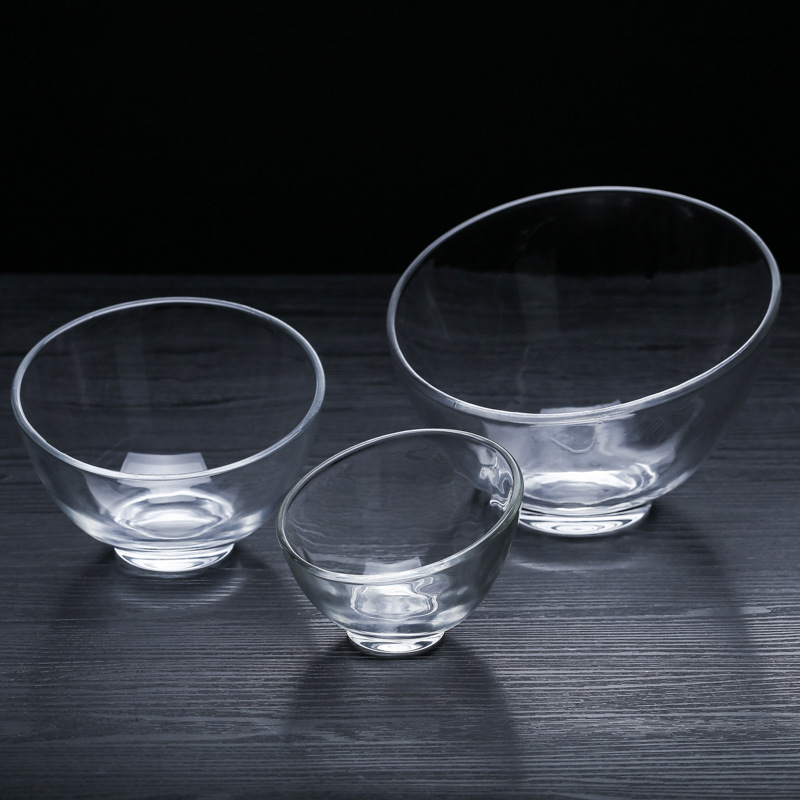 Wholesale of large-capacity transparent glass slanted bowls, household large bowls, salad bowls, hot pot seasoning bowls, dessert small bowls and tableware details Picture