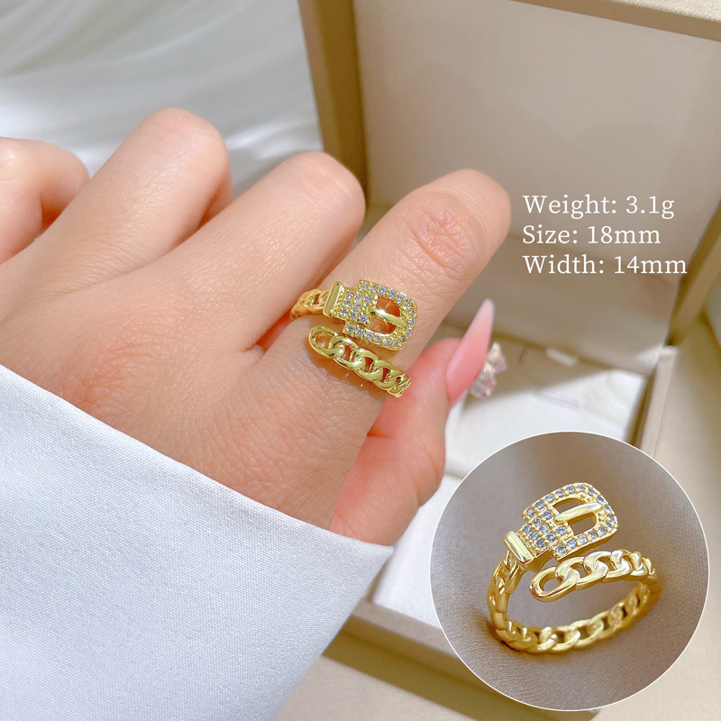 【 Real Gold 】 Chain, belt, full diamond ring, adjustable opening, simple Japanese-style bracelet, couple rings full figure