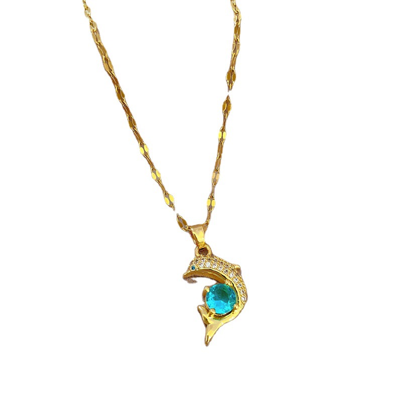 【 Titanium Steel 】 Simple and elegant zircon dolphin blue collarbone chain, small and trendy on Instagram, retro titanium steel necklace for women Item Picture