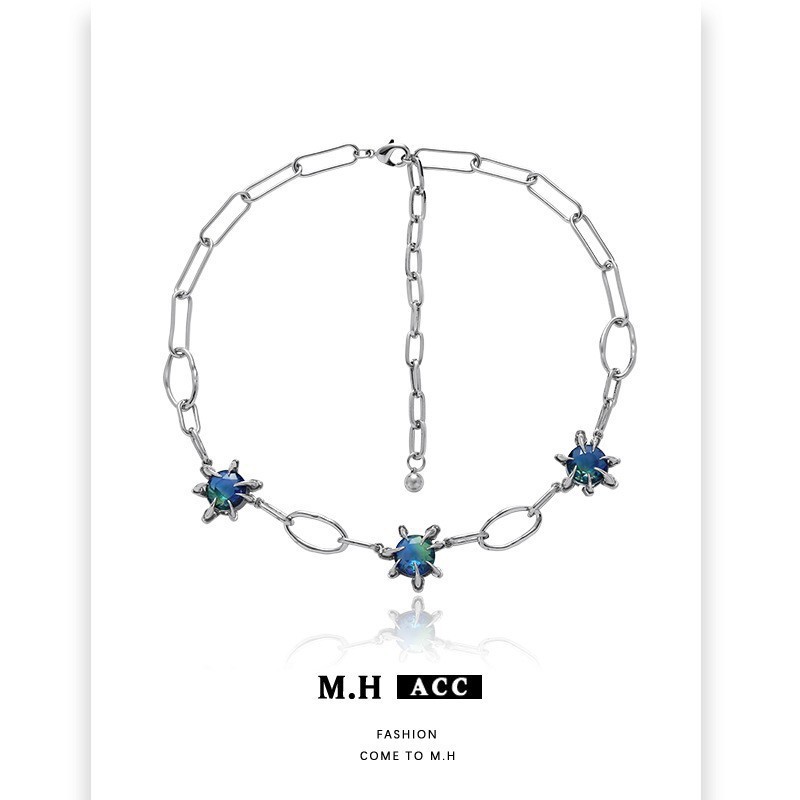 Original blue gemstone necklace for women, simple and niche design, high-end sense, collarbone chain, unique personality, cold style necklace details Picture