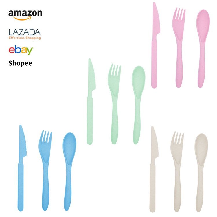 Wheat straw portable tableware, knife, spoon and fork set, outdoor plastic office tableware three-piece set, factory batch full figure
