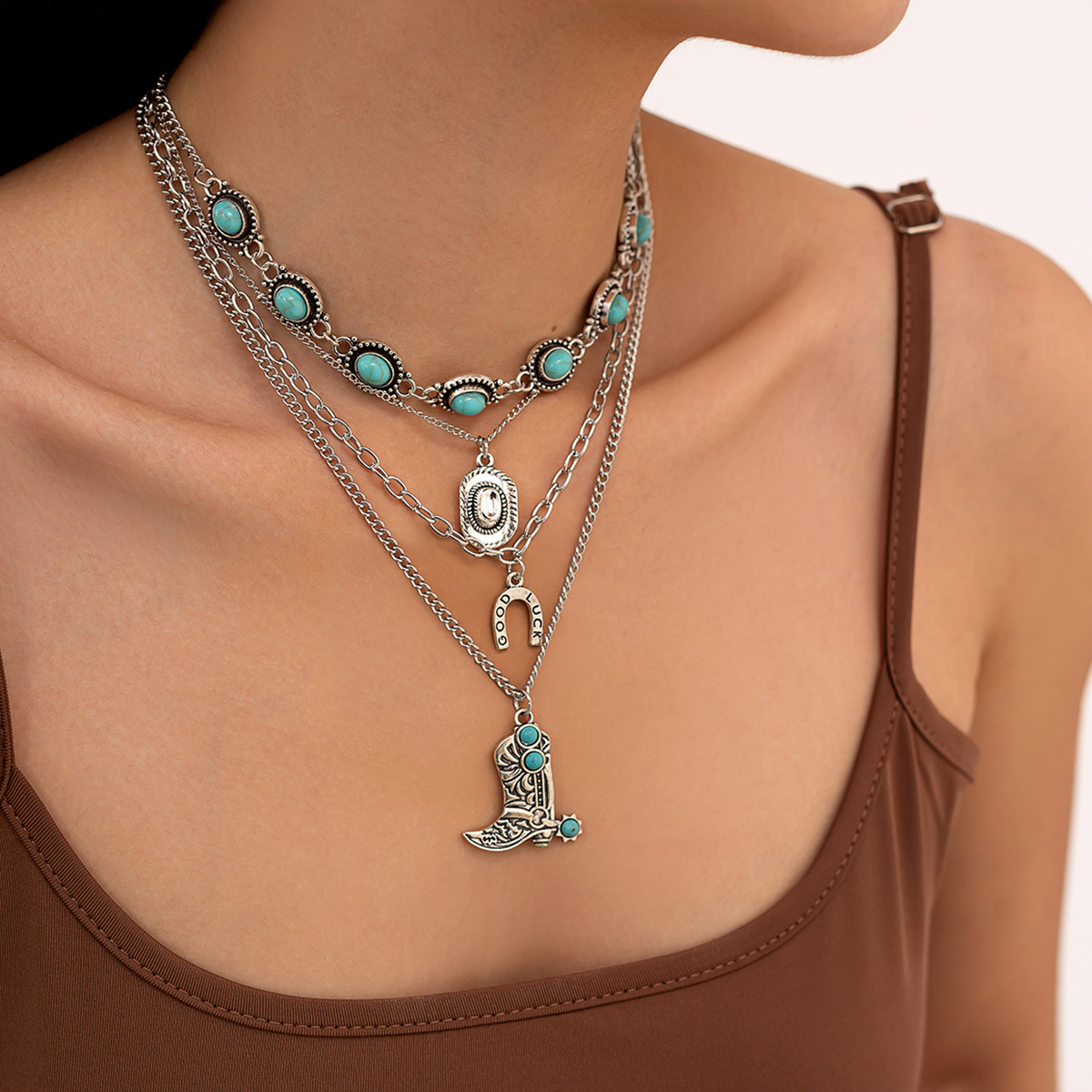 European and American cross-border accessories, punk ethnic style boots, alloy collarbone chain, Bohemian turquoise beaded chain necklace details Picture