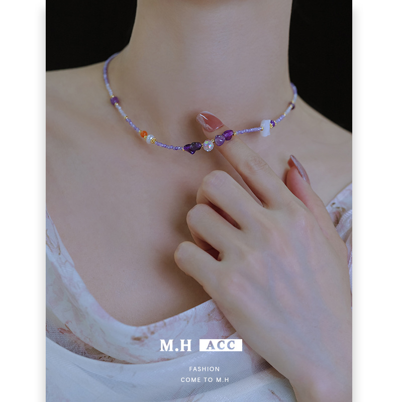 Spring and Summer new collection: Sea Shell amethyst beaded Necklace for women, 2025 new style, niche, retro and fresh collarbone necklace Specification drawing