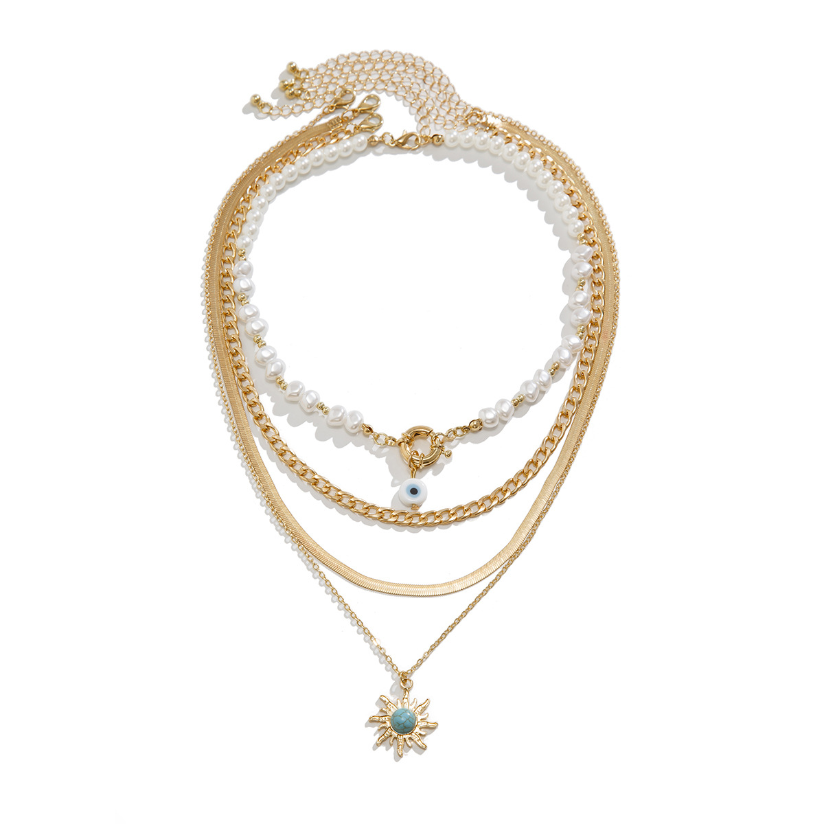 European and American cross-border jewelry, ethnic-style irregular-shaped pearl beaded necklace, retro alloy suneye collarbone chain Item Picture
