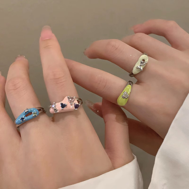 Dopamine colored drip glaze cute open ring for women, unique and sweet cool ring, adjustable index finger ring details Picture