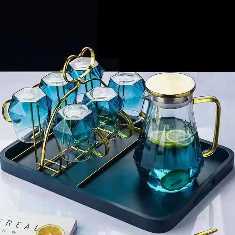 Wholesale of new gradient diamond cooling water kettle with handle and lid, marble kettle and high borosilicate heat-resistant glass water kettle set full figure