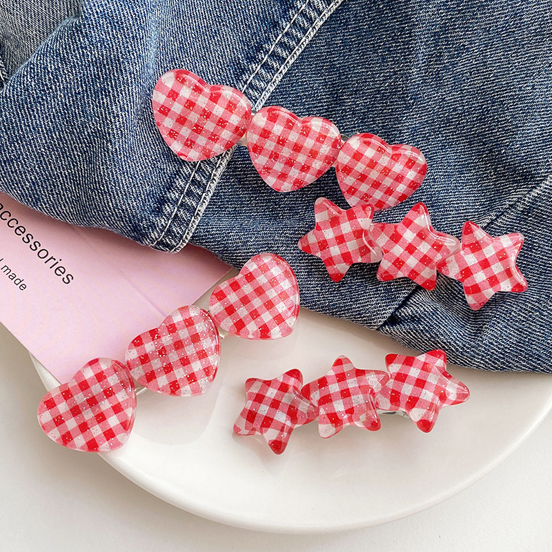 Sweet girl, cute hair clips, heart-shaped stars, red checkered side clips, bangs clips, duckbill clips, straight hair clips full figure