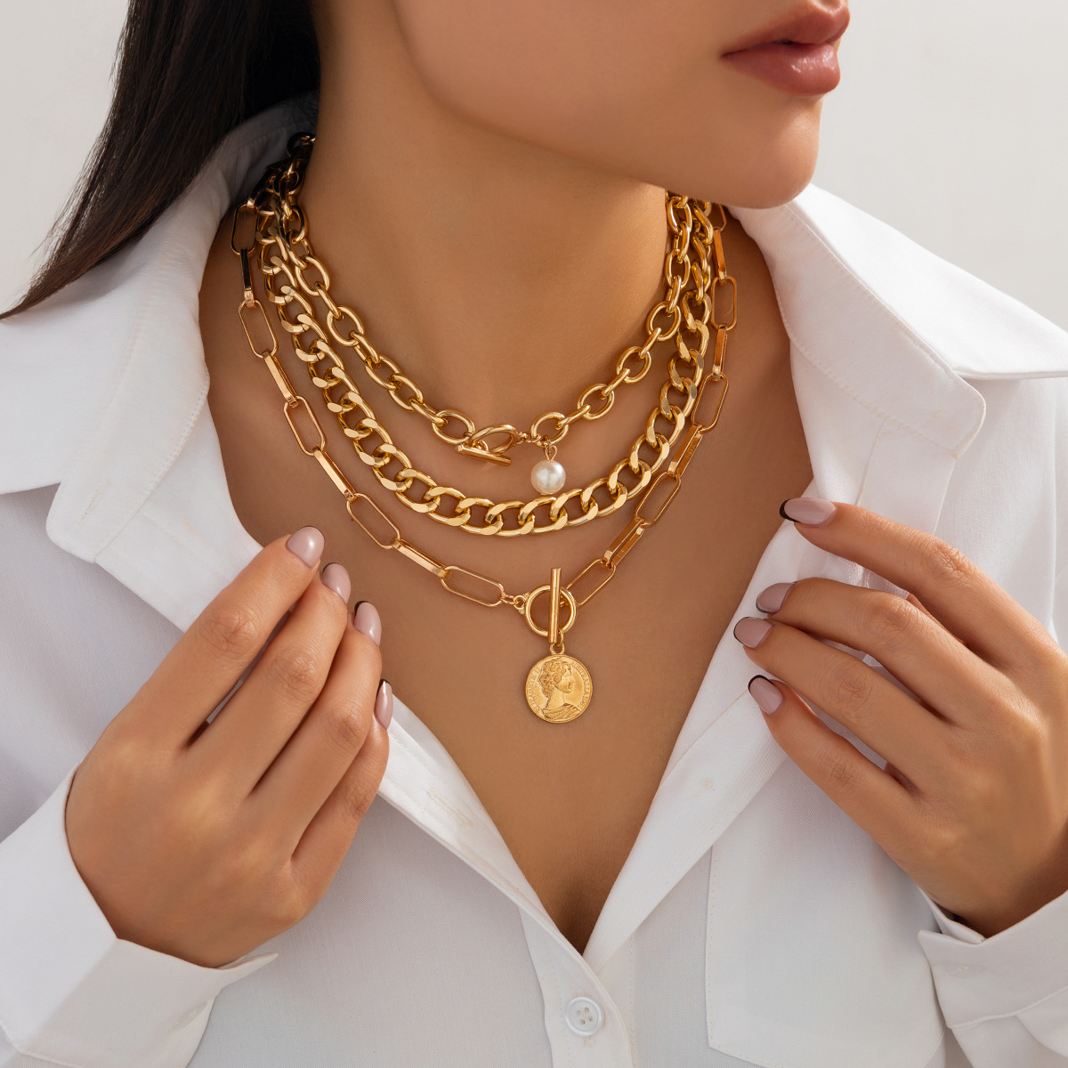 European and American cross-border jewelry layering style irregular alloy Necklace personality hip-hop multi-layer Necklace new style details Picture