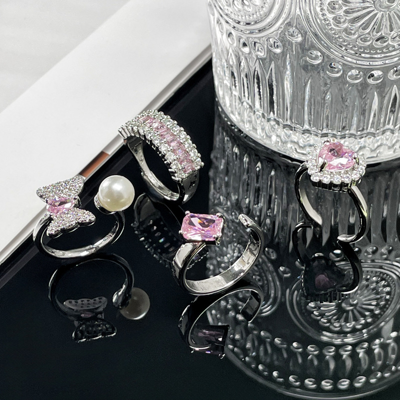 Light luxury, sweet and cool, spicy girl, high-end pink diamond heart-shaped opening ring, female butterfly, simple and elegant, niche and exquisite ring Specification drawing
