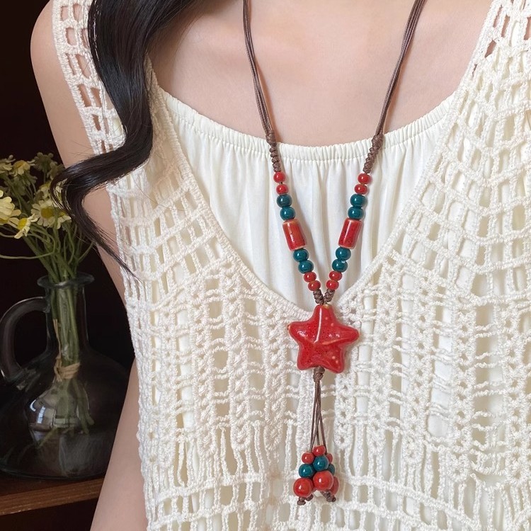 New Chinese-style colored ceramic beaded star necklace for women, Bohemian retro ethnic style long sweater chain accessory Specification drawing