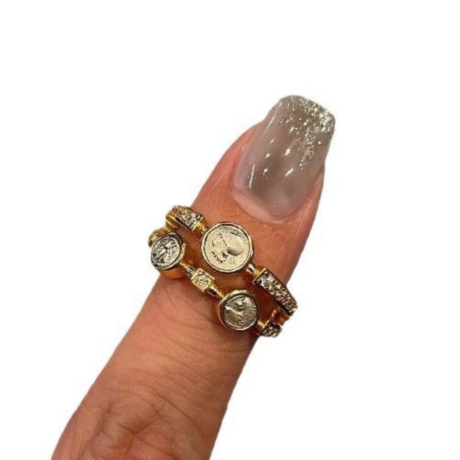 Vintage double-layer Athena three ancient coins ring, a light luxury and niche design for women, a high-end index finger ring Item Picture