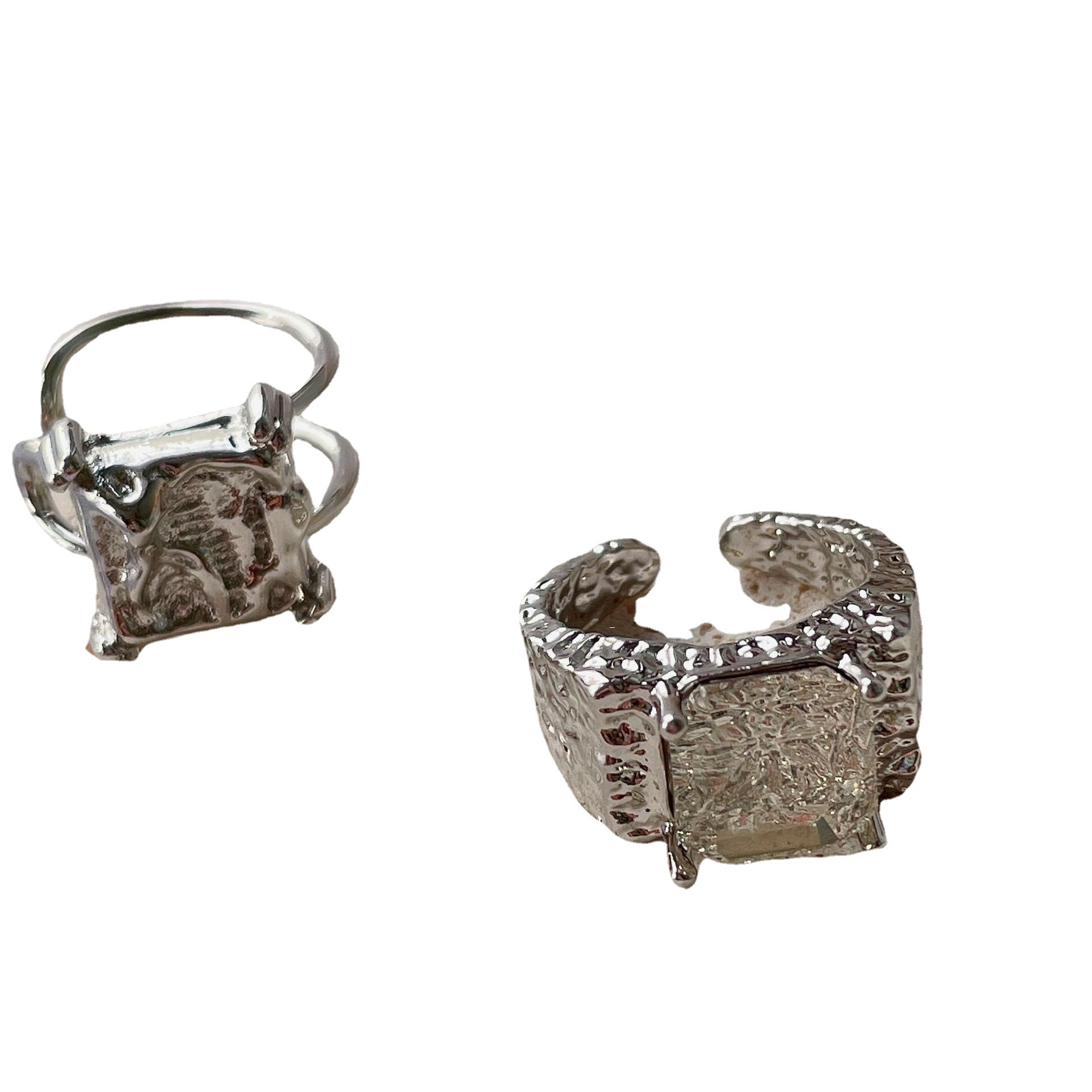A square tin foil pleated zircon ring with a unique design sense, retro ins cold style, and a distinctive open ring Item Picture