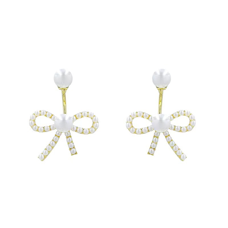 A pair of two-piece pearl bow stud earrings for women, a versatile and high-end Japanese and Korean style earring with a delicate fragrance design Item Picture