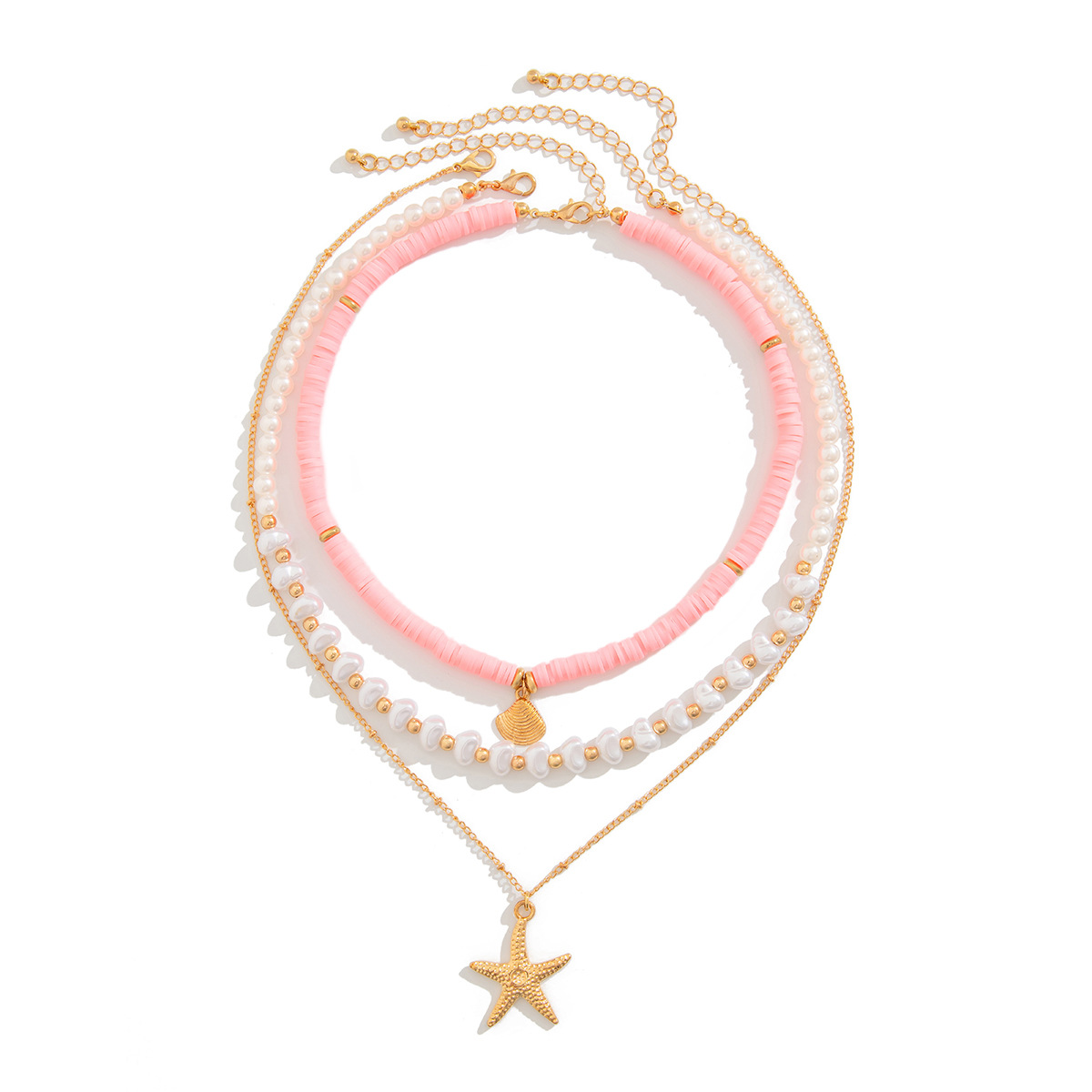 European and American cross-border jewelry, beach-style ocean shell beaded necklace, Baroque imitation pearl starfish collarbone chain Item Picture