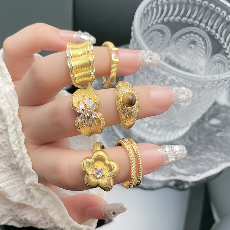 French light luxury retro court style brushed open ring, women's tiger's eye stone flower geometric fashionable and niche index finger ring full figure