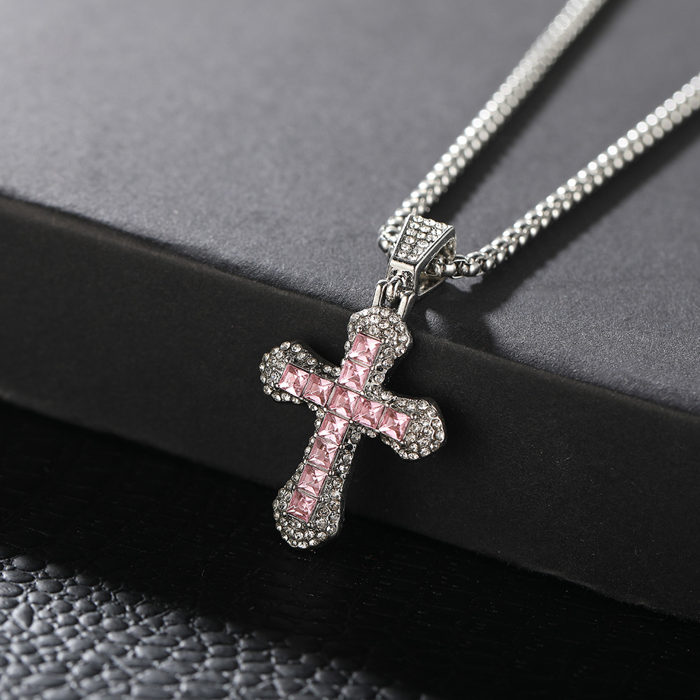 Wholesale of new European and American full-diamond cross pendant men's and women's street fashion light luxury zirconium-inlaid couple necklaces and sweater chains full figure