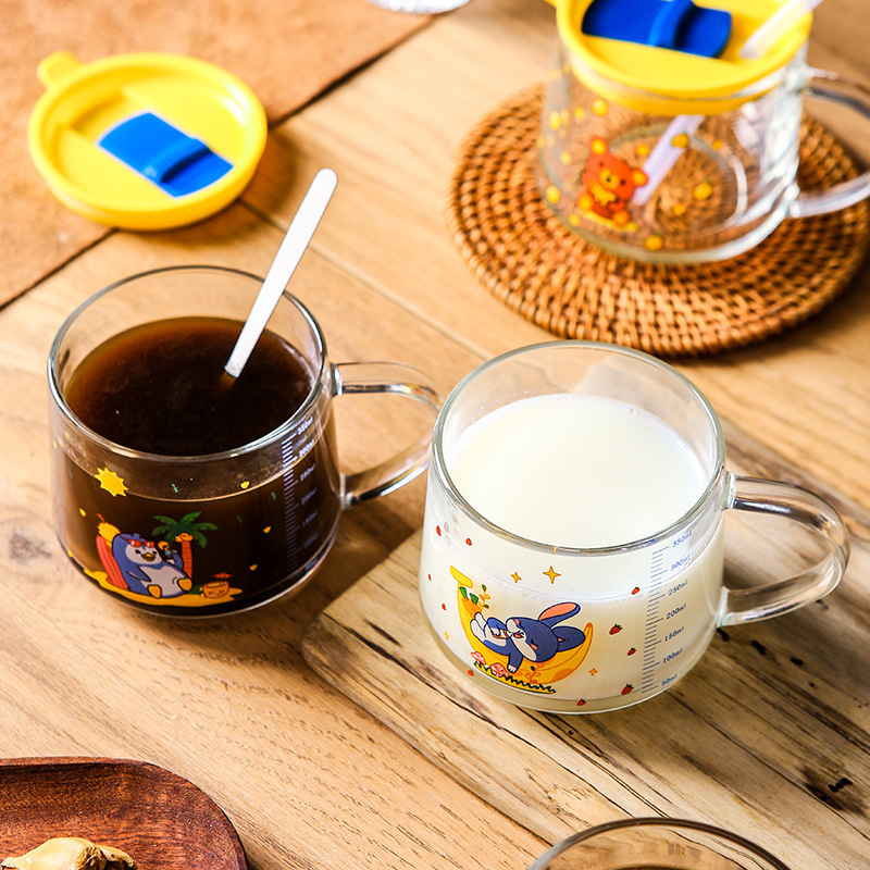 Home cartoon cute water cup with straw milk double-drinking cup Office coffee cup with lid glass 350ml full figure