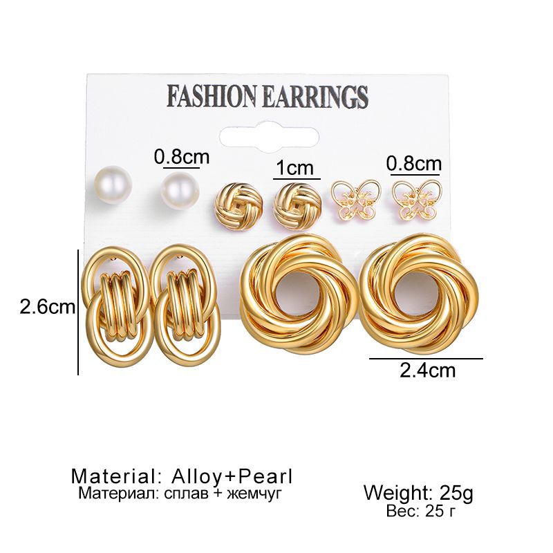 A cross-border bestseller set of 6-piece creative retro golden heart-shaped earrings with pearl and twist patterns for elegant ladies Item Picture