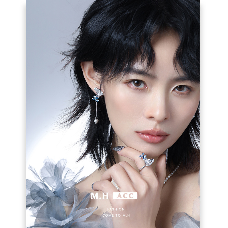 Original blue butterfly and hand earrings, women's silver needle 925 earrings, high-end Korean-style Instagram versatile and novel earrings details Picture