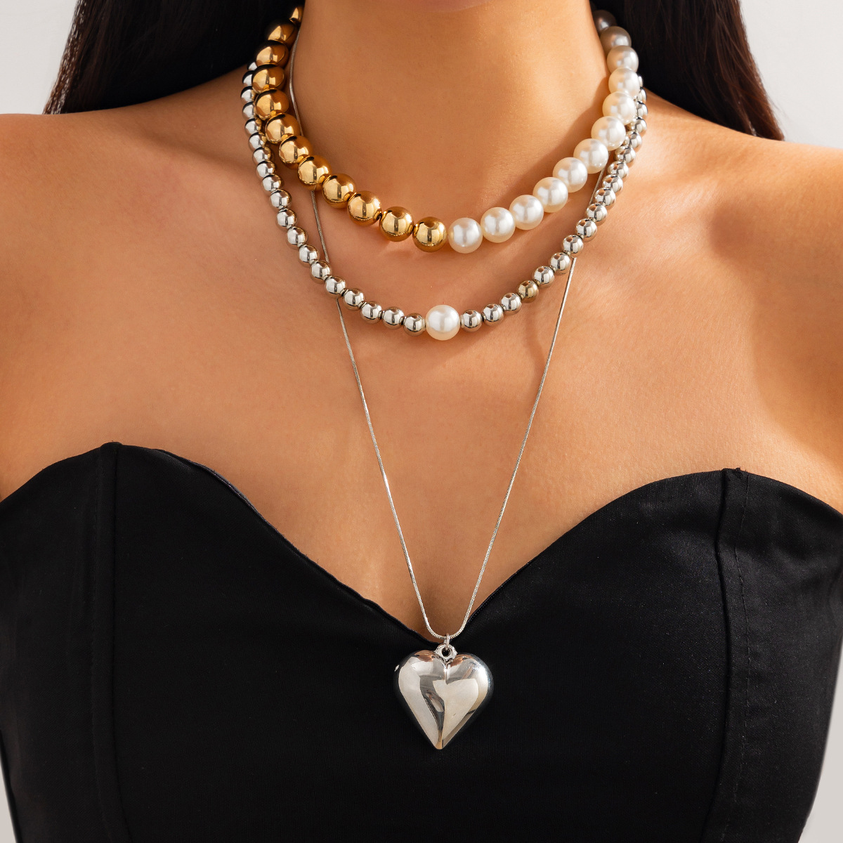 European and American cross-border jewelry fashion style heart pendant Necklace French round pearl string Necklace set Specification drawing