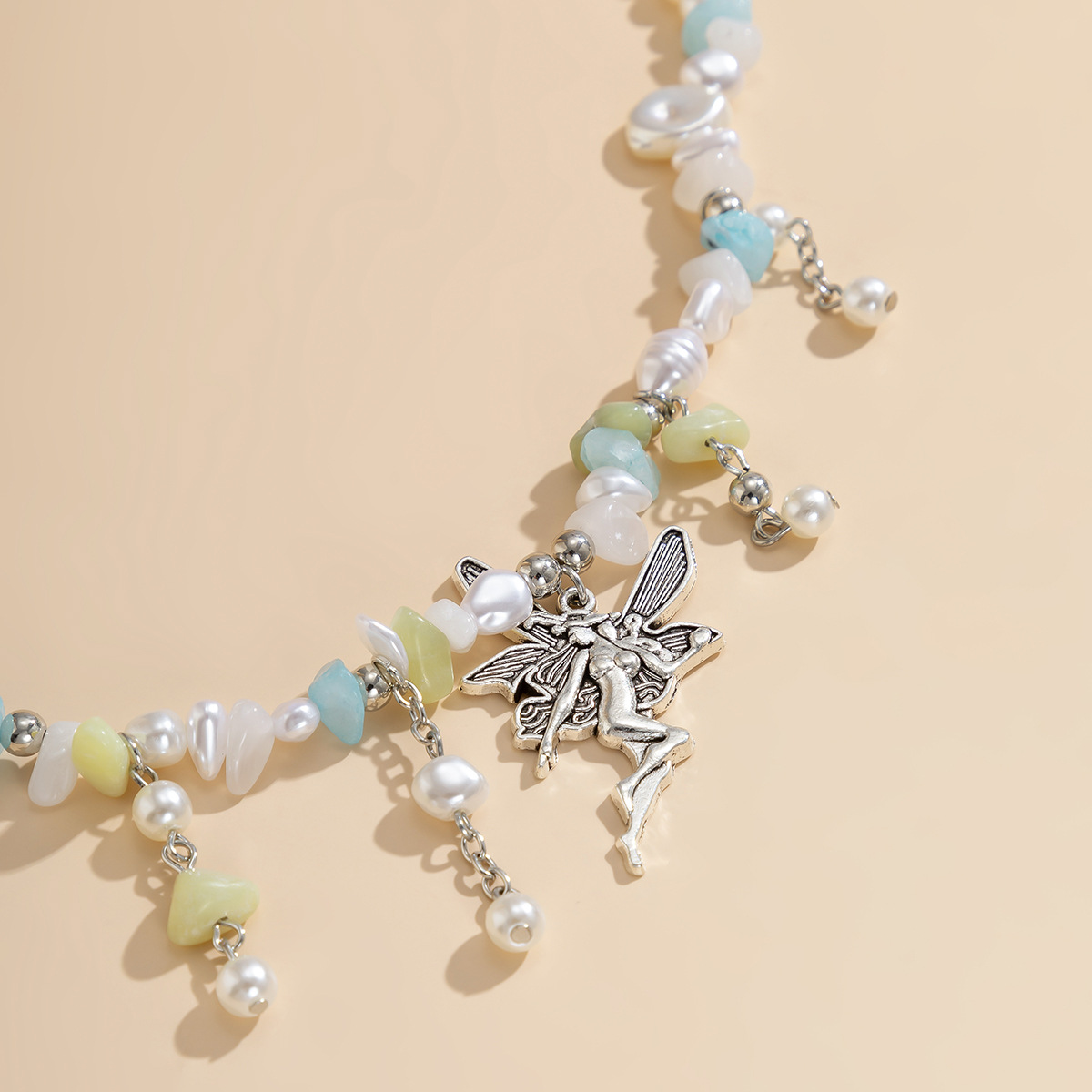 European and American cross-border jewelry, colorful crushed stone beaded sweet necklace, women's collarbone chain, pastoral style angel pendant necklace Specification drawing