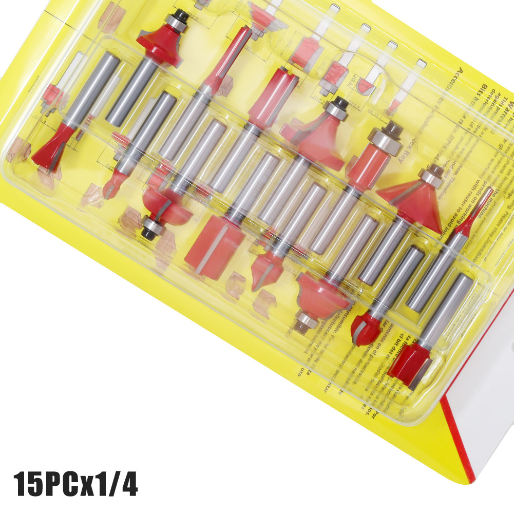 15-piece set of 1/4 handle, 1/2 handle, 8 handle, 6 handle woodworking milling cutter sets, decoration edge machine, 12-piece set of woodworking slotting milling cutters undefined