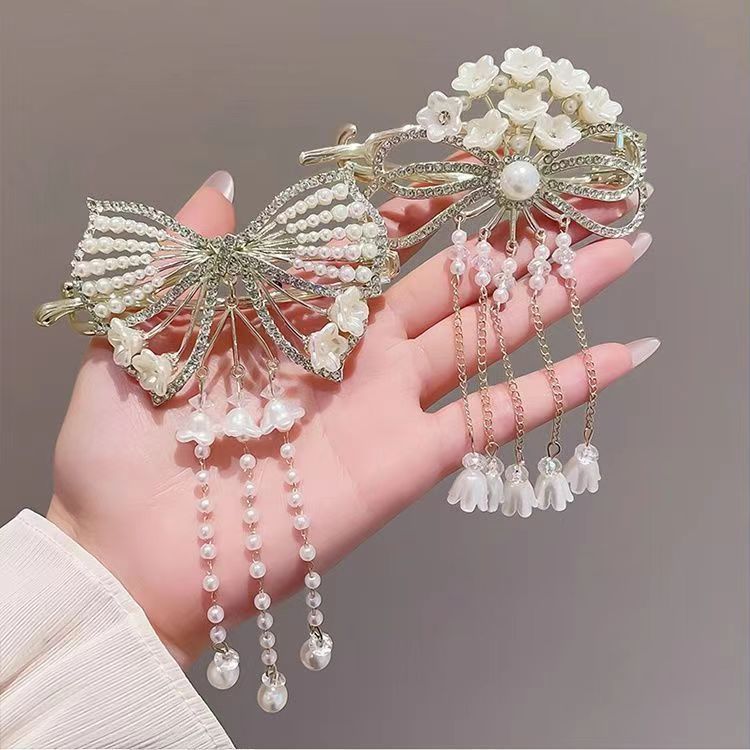 New high-end lily of the valley tassel hair clip, women's light luxury style, twist clip, back of the head spring clip hair clip Specification drawing