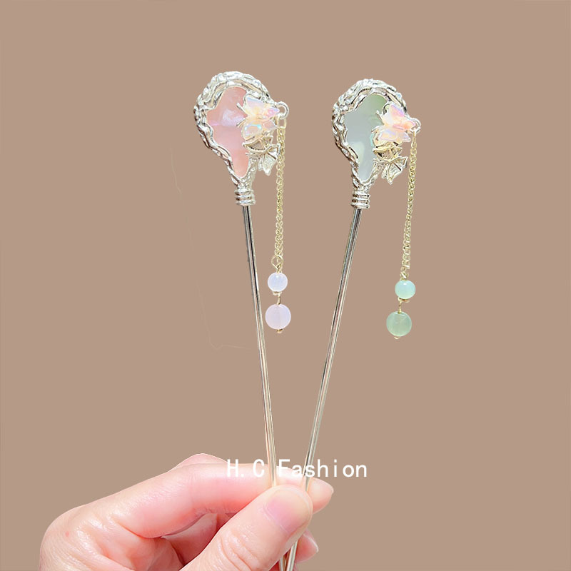 Little fairy ancient-style imitation jade tassel hairpin, national trend updo hairpin, cheongsam, Hanfu, classical alloy headwear Specification drawing