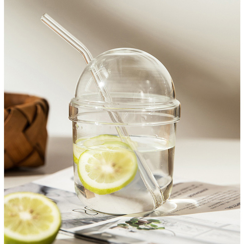 High borosilicate glass cute straw cup, portable bobo cup, juice cup, household transparent glass coffee cup details Picture