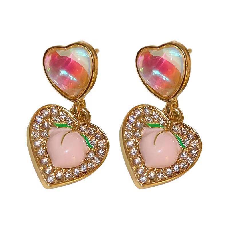 New cute and sweet girl's high-end heart-shaped peach earrings, summer charm for women, internet-famous stud earrings Item Picture