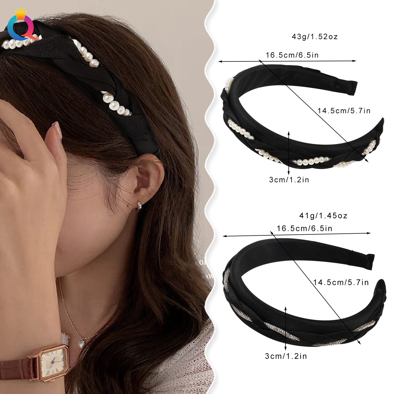 Qiyue Twisted pearl hair band, high-end women's feel, water diamond headband, fresh and simple hair press hole, solid color hair clips and hair accessories wholesale details Picture