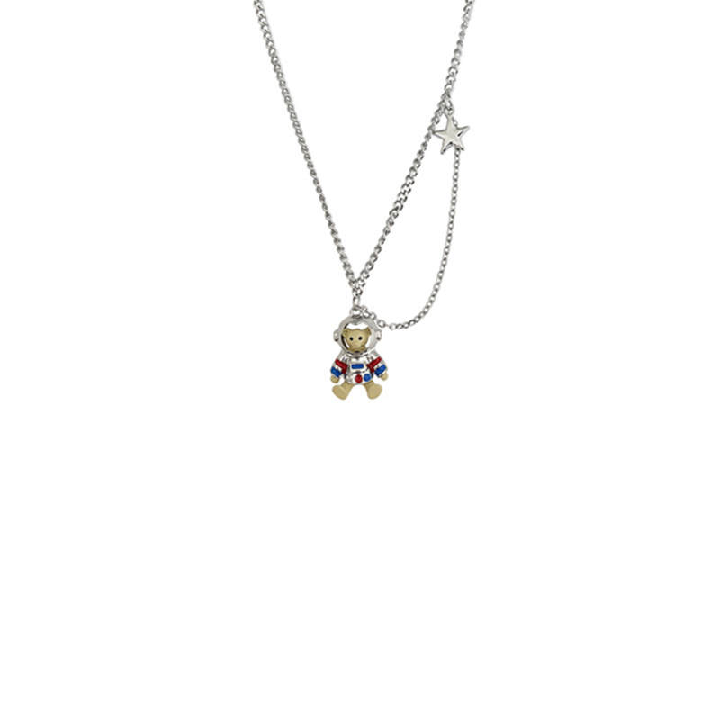 Silver astronaut bear hoodie necklace, women's light luxury and niche design, hip-hop style long sweater chain accessory Item Picture