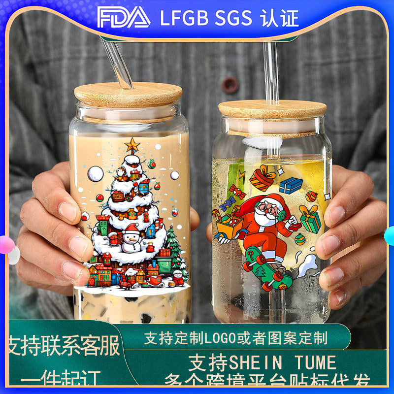 Single-layer cola glass cup, Christmas Halloween logo printed pattern, high-temperature resistant tea cup, advertising cup, gift water cup full figure