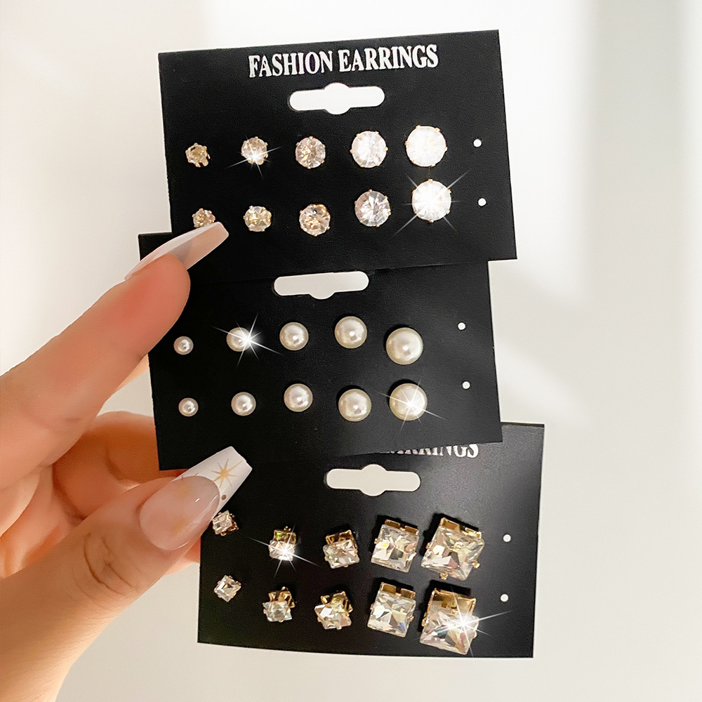 A set of 15 pairs of geometric six-prong crystal zircon stud earrings with a retro charm, which are popular in European and American foreign trade Application Scenario