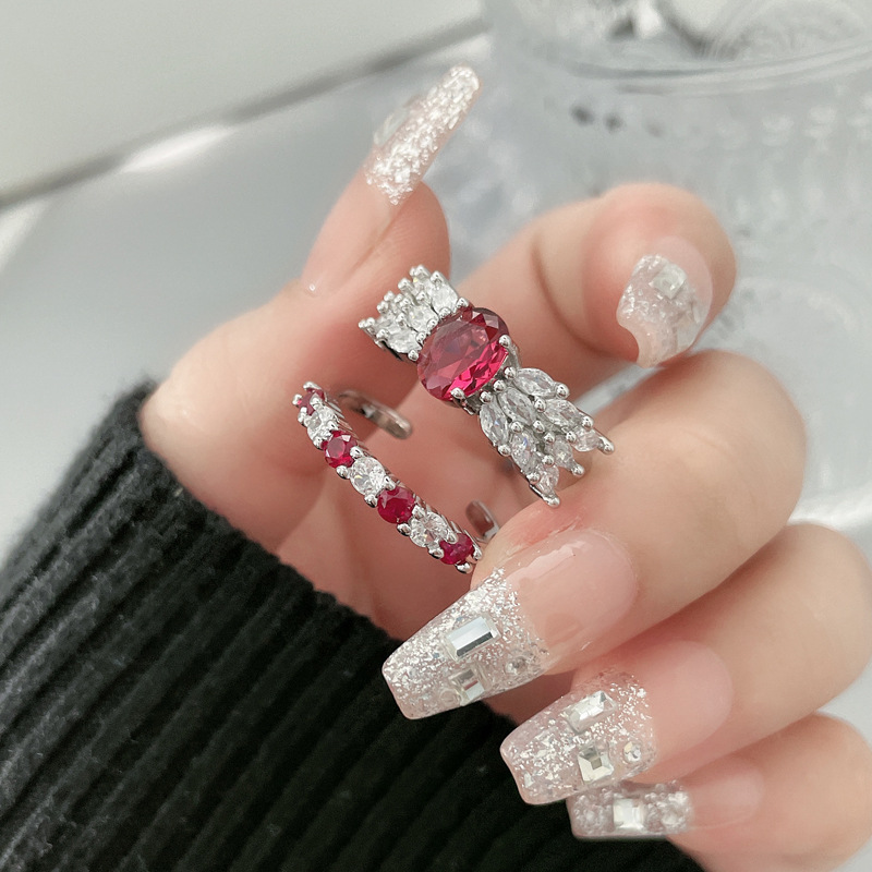 A fashionable, light luxury, niche and versatile red zircon open ring for women on Instagram, with a cold style, sweet and cool quality, and a trendy index finger ring details Picture