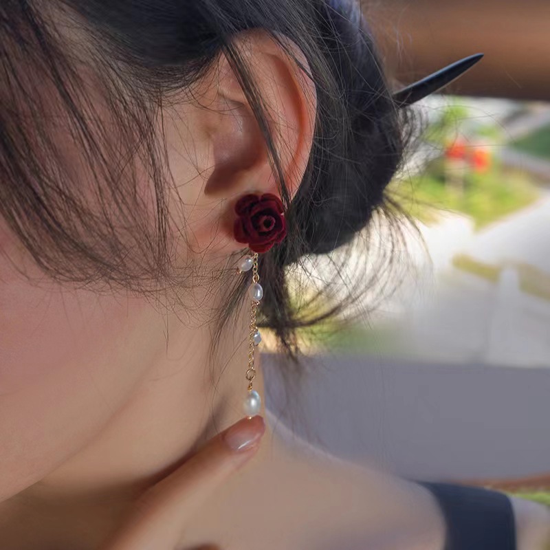Flocked rose pearl tassel earrings for women during the Spring Festival, autumn, winter and Christmas, 2025 new style best-selling earrings details Picture