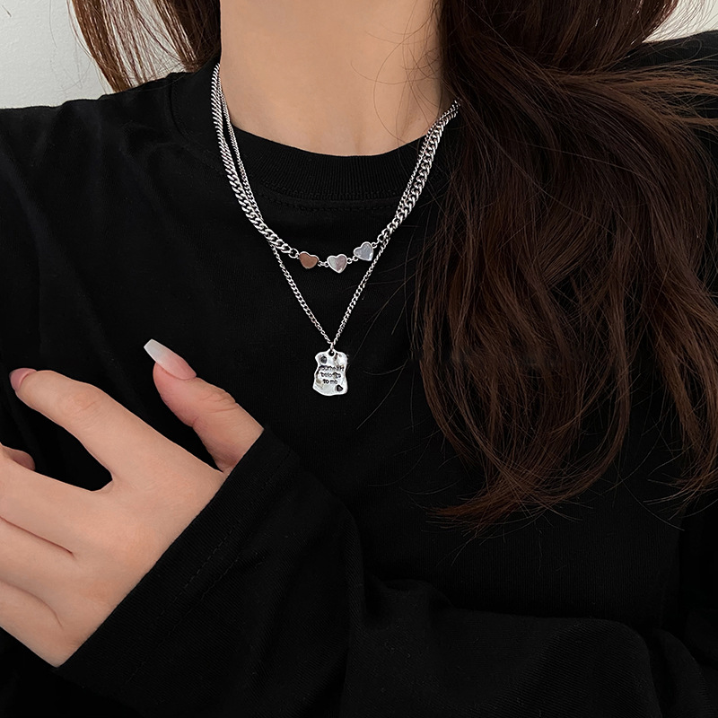Silver double-layer heart-shaped nameplate necklace for women, 2023 new style, niche and elegant sweater chain, ins cold style accessory Application Scenario