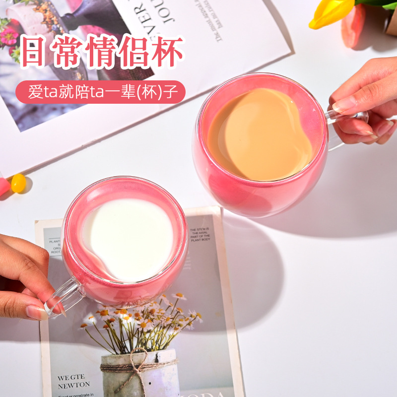 Simple double-layer high appearance level glass cup with handle, couple gift, heart-shaped high borosilicate milk and juice cup, household cup Application Scenario