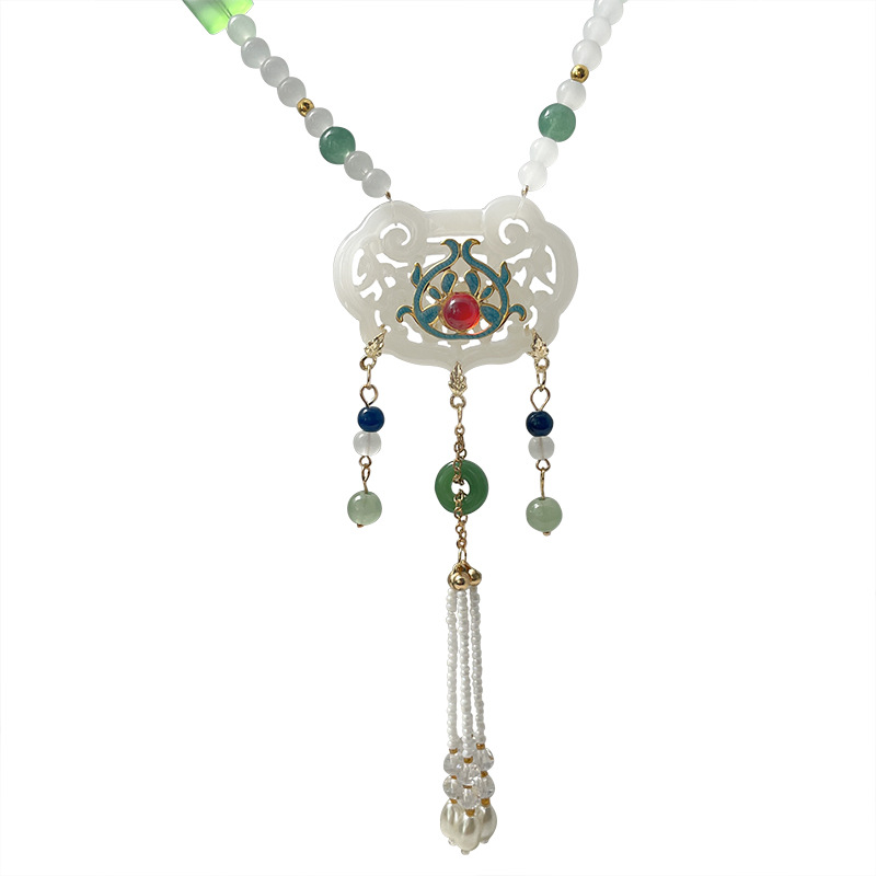 Retro necklace, cloud-fringed horse face dress, necklace accessory, ancient-style Hanfu, new Chinese-style collar, green ancient-style national style Item Picture