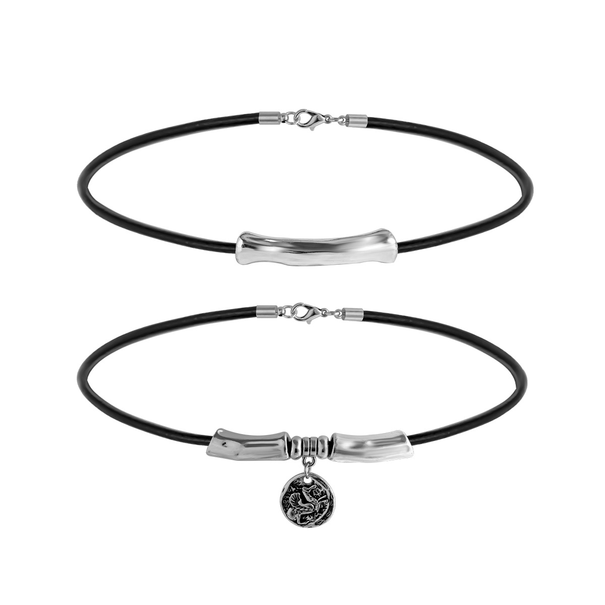 European and American cross-border jewelry ins cylindrical leather wax thread necklace set, hip-hop alloy multi-layer collarbone chain bestseller Item Picture