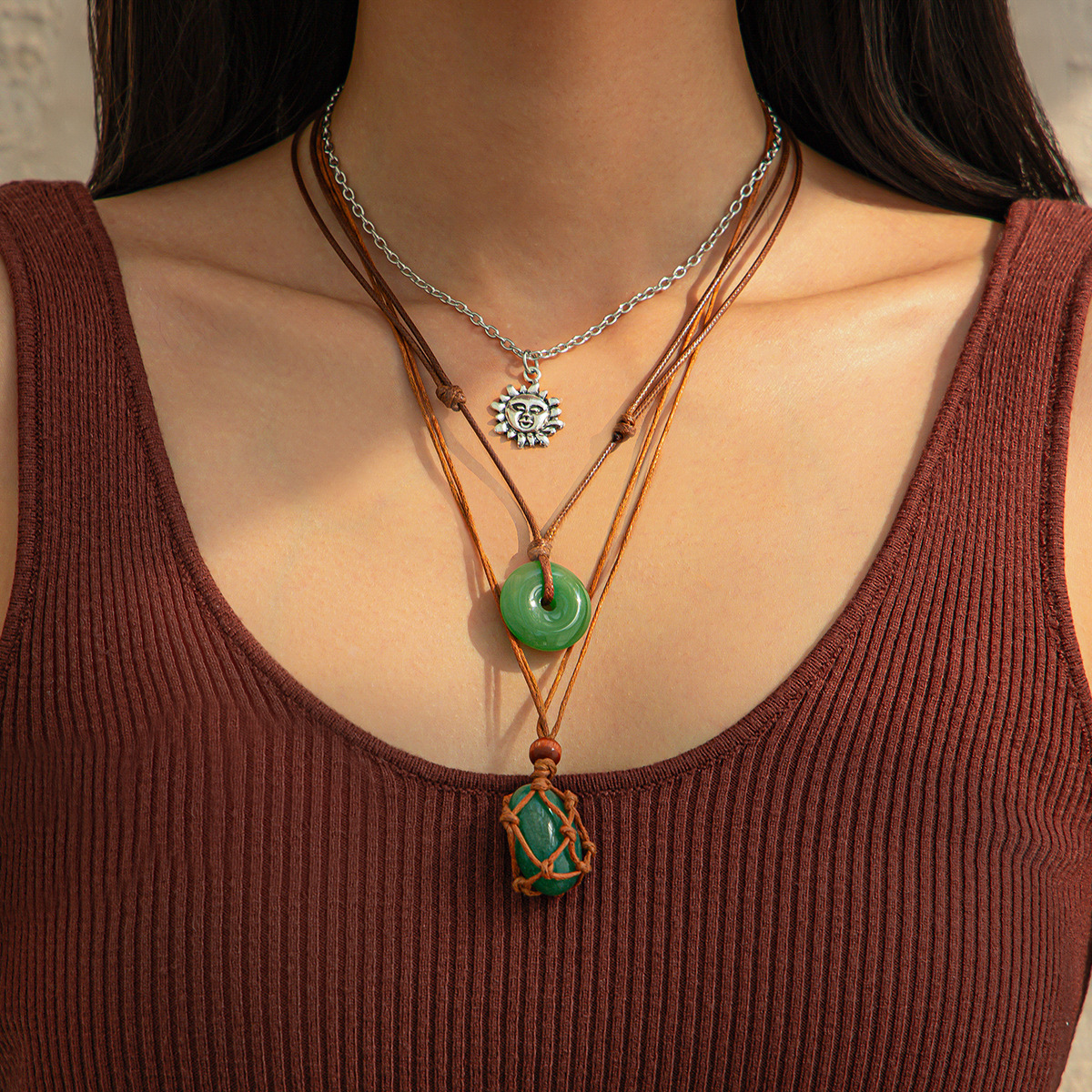 European and American cross-border jewelry, fresh and adjustable wax thread pendant necklace, forest-style sun-shaped alloy collarbone chain full figure