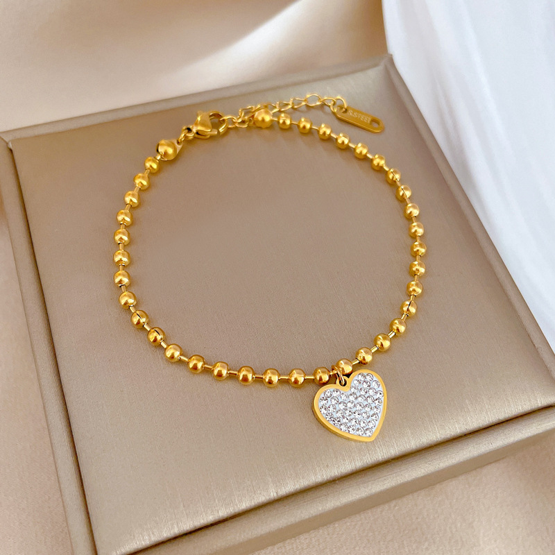 【 All-titanium Steel 】 Full diamond heart-shaped round beads, elegant and lucky minimalist chain bracelet, female Internet celebrity, retro best friend Application Scenario